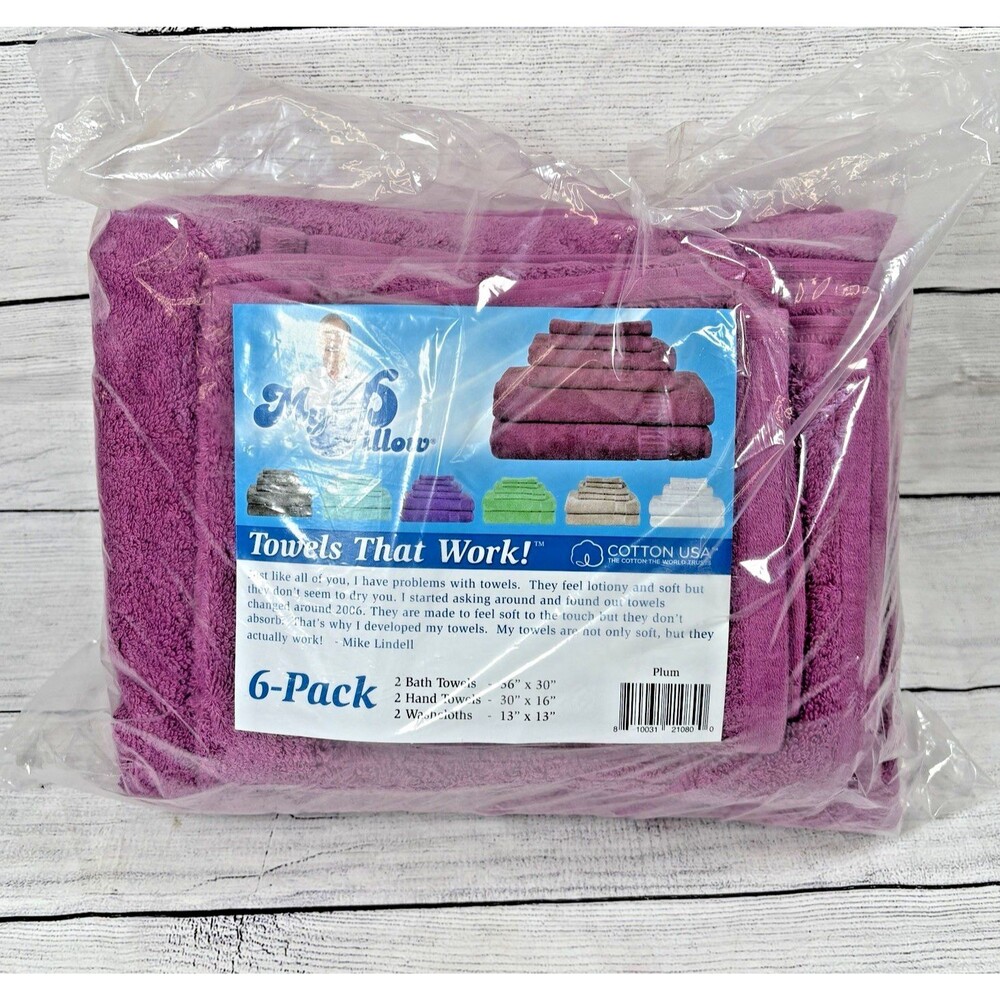 My Pillow 6 Piece Towel Set Cotton 2 Bath 2 Hand 2 Washcloth PLUM Purple NEW